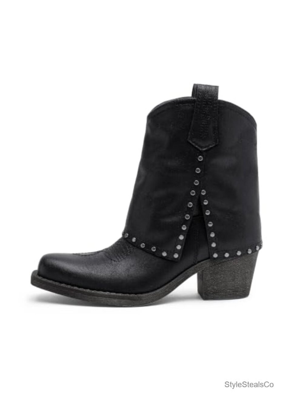 Western Studded Ankle Boots Square Toe Low Block Heel Pull-On
